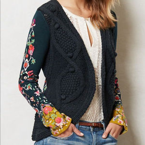 Anthropologie Navy and Floral Embroidered Cardigan